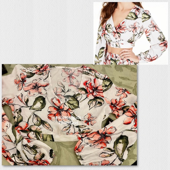 New Guess Long Sleeve Karlotta Blushing Azalea Floral Print Faux Wrap CropTop XS - Picture 7 of 16
